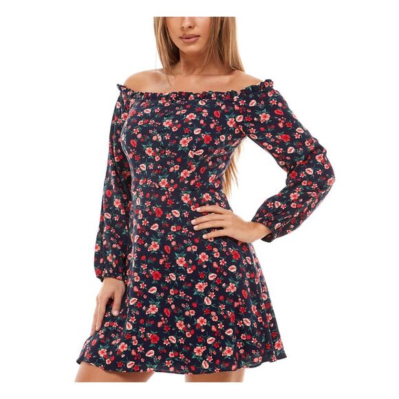 NWT B DARLIN Womens Navy Long Sleeve Short Evening Fit + Flare Dress 0 - Picture 3 of 5